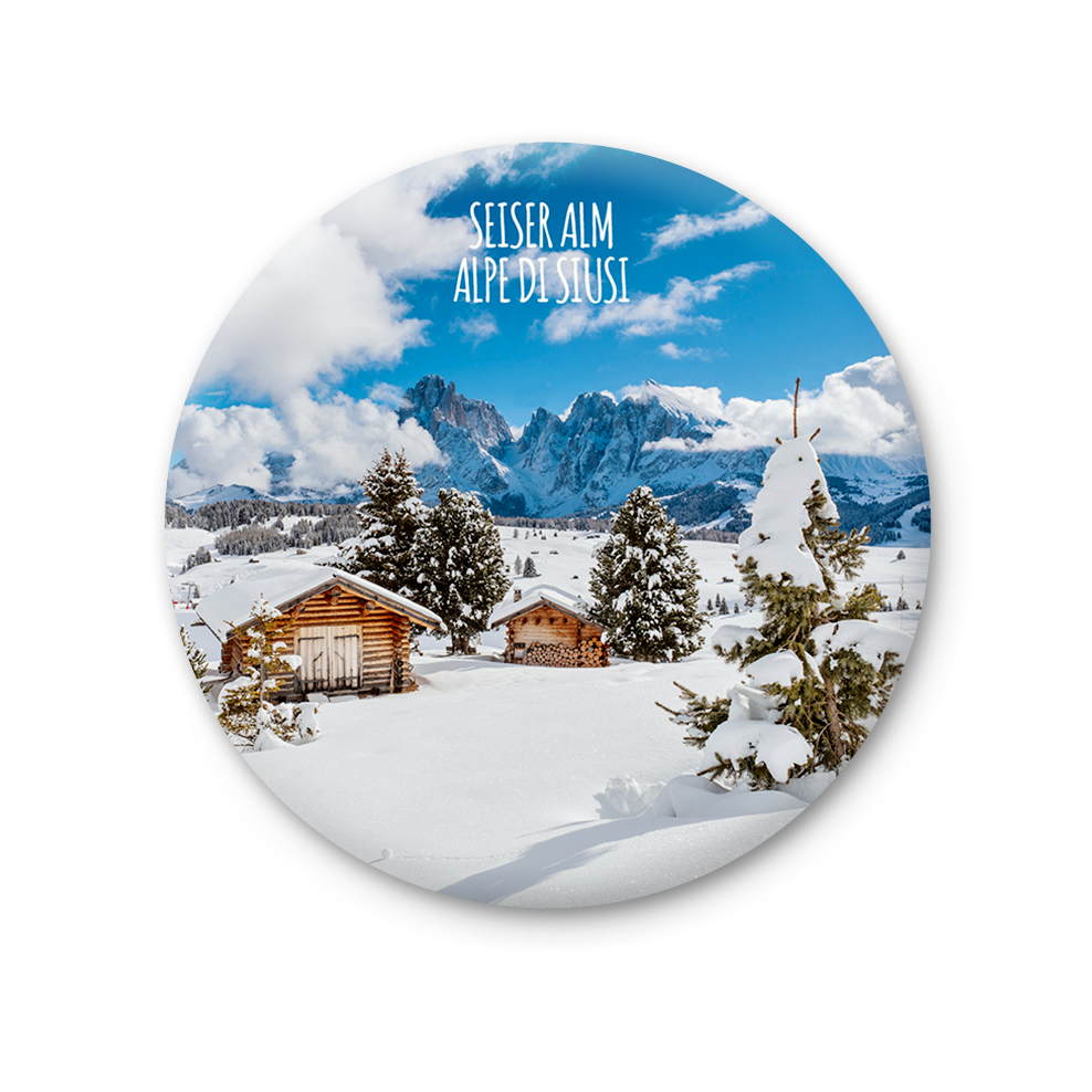 Magnete Fotografico – Trentino-Alto Adige,Sudtirolo, Alpe di Siusi, panorama con il Sassolungo sullo sfondo | Ø 75 mm
