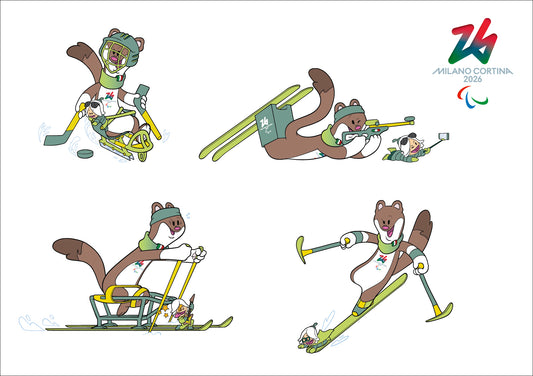 Milo e Flo nelle pose sportive - Cartolina Giochi Paralimpici Invernali