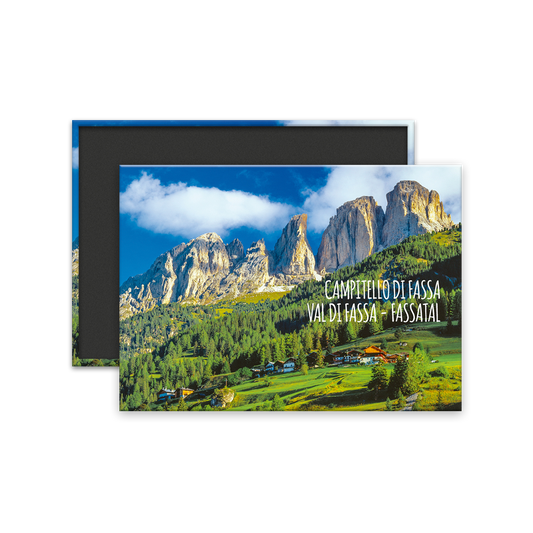 Calamita Rettangolare - Trentino, Val di Fassa, Campitello di Fassa, vista verso il Sassolungo (Langkofel)- Dimensioni 90x65mm