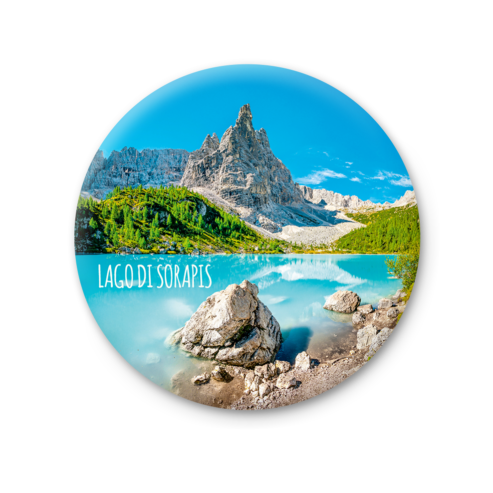 Magnete Fotografico – Veneto, Cadore, Cortina d'Ampezzo, Lago di Sorapiss (o Sorapis) e Dito di Dio sul fondo | Ø 75 mm