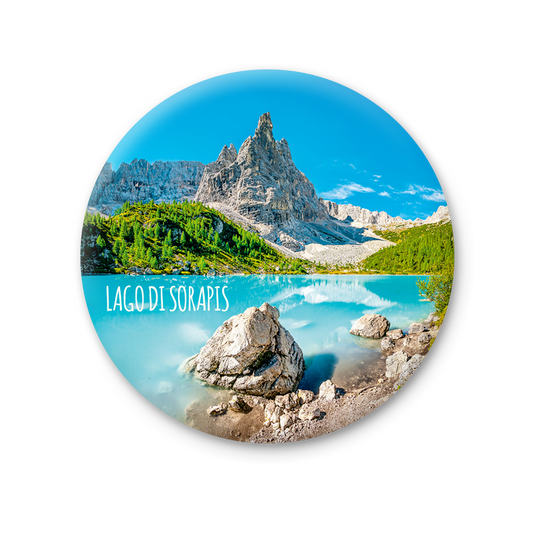 Magnete Fotografico – Veneto, Cadore, Cortina d'Ampezzo, Lago di Sorapiss (o Sorapis) e Dito di Dio sul fondo | Ø 75 mm