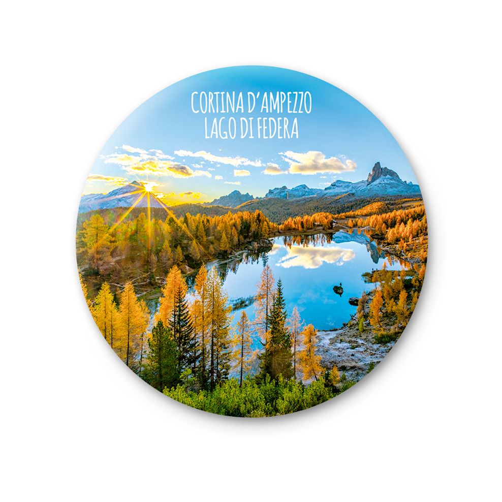 Magnete Fotografico – Veneto, Cadore, Cortina d'Ampezzo, Il Lago Federa con Becco di Mezzodì e l'Antelao | Ø 75 mm