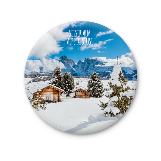 Magnete Fotografico – Trentino-Alto Adige,Sudtirolo, Alpe di Siusi, panorama con il Sassolungo sullo sfondo | Ø 75 mm