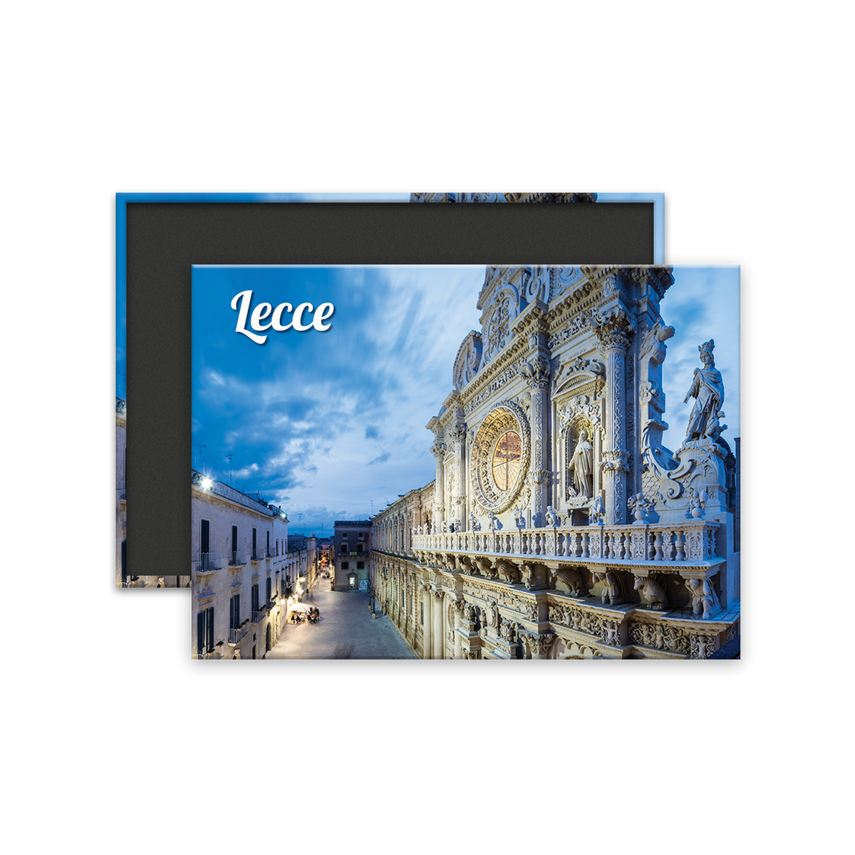 Calamita Rettangolare - Puglia, Lecce, facciata della Basilica di Santa Croce, lungo via Umberto I - Dimensioni 90x65mm